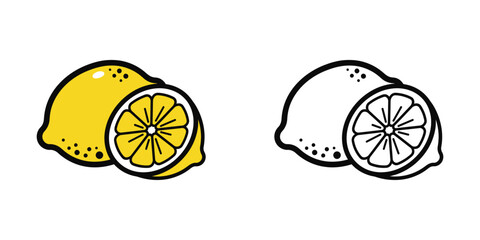 Yellow lemon with slice and outline version on white background citrus fruit