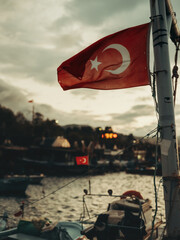 ft&uuml;rk bayrağı, Turkish flag, ishing boats in the harbor