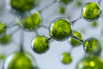 Visualization of green molecular structures connected by transparent bonds representing chemical compounds and biological networks in a futuristic concept