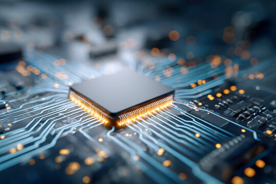 High-tech microchip with glowing circuitry and intricate electronic components on a futuristic printed circuit board illustrating modern digital technology and innovation