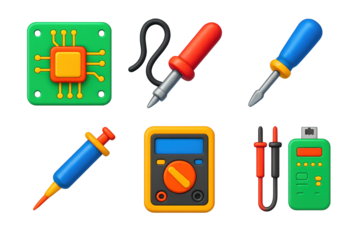 Tech Repair Icons. 3D icon set of tech repair tools: circuit board, soldering iron, micro screwdriver, thermal paste tube,