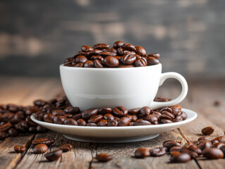 Fototapeta premium White ceramic cup filled with roasted coffee beans overflowing onto matching saucer on rustic wooden table with blurred background