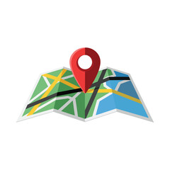 Red map pin marker on folded abstract map with green blue yellow and black lines location