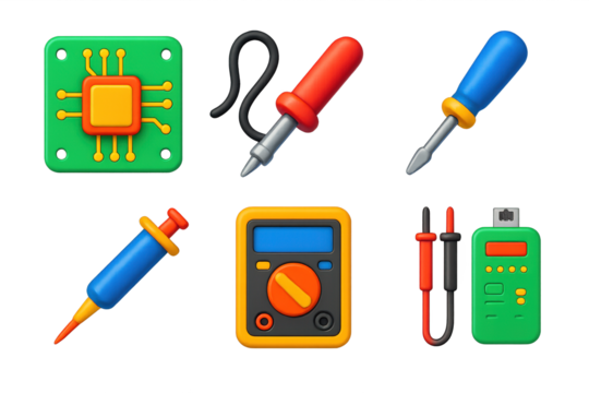 Tech Repair Icons. 3D icon set of tech repair tools: circuit board, soldering iron, micro screwdriver, thermal paste tube,
