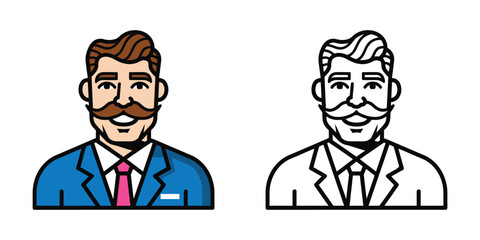 Stylized man with mustache wearing blue suit and pink tie icon and outline male illustration