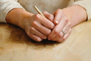 Obraz premium Detailed oil painting of clasped hands, one holding a pen, resting on a textured surface. A ring is visible, showing quiet reflection.
