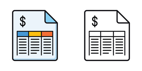 Two document icons one colored with dollar sign and table one black and white spreadsheet