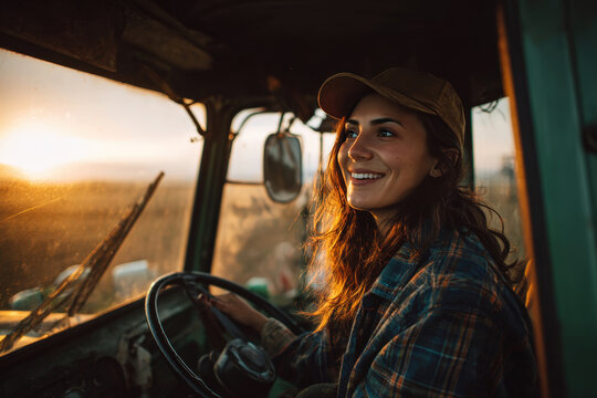 Smiling Female Farmer Driving Tractor at Sunset in Golden Light