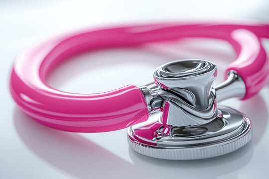 A bright pink stethoscope with a reflective silver chest piece symbolizes medical care, health, and awareness. Essential healthcare equipment for doctors and nurses worldwide.