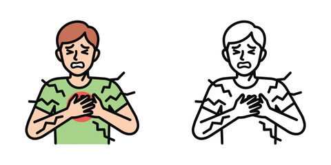 Man with chest pain holding chest red heart symbol and jagged lines heart pain heart attack