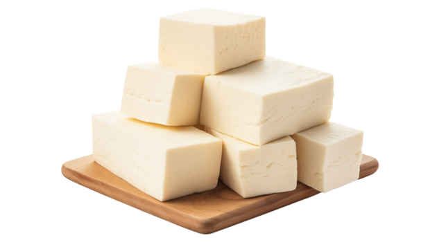 A stack of white tofu cubes arranged on a small wooden board against a black background in a studio shot