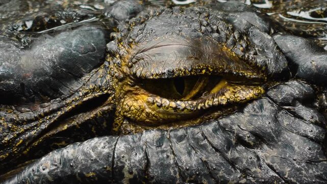 Close up view of the head of a large crocodile resting on the water surface on a sunny da in springtime