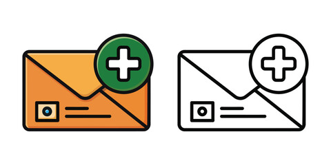 Orange envelope icon with green plus sign and outline version mail message