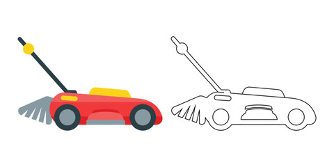 Red and yellow lawn mower with grey brush and outline version garden equipment red lawn mower