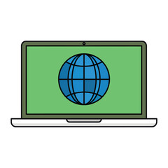 Laptop computer displaying a blue globe icon on a green screen vector