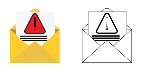 Yellow envelope with red warning sign and black lines on paper alert