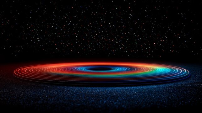 Colorful, glowing, and abstract image of a black background with a large, colorful circle in the center