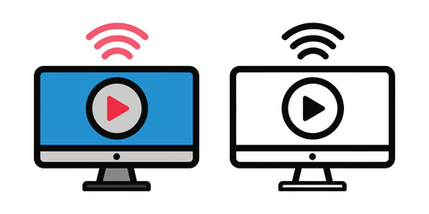 Color and Black White Computer Monitors Displaying Play Button and Wifi Signal screen