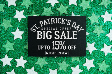 St. Patrick's Day Big Sale 15%% off Promotion Offer Discount Retail Shopping Concept