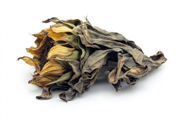 A decaying, dried sunflower with withered petals and shriveled leaves on a white background, representing the end of its life.
