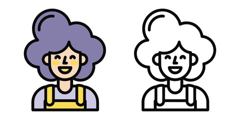 Stylized cartoon person with purple hair and yellow overalls icon character