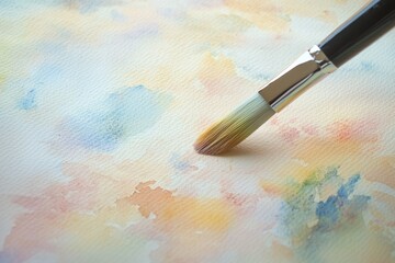 Fototapeta premium A paintbrush delicately rests on textured watercolor paper, featuring soft, blended washes of pastel colors, evoking a serene artistic process in progress.