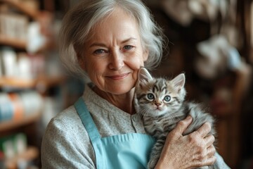 A smiling elderly woman with grey hair gently cradles an adorable tabby kitten with bright blue eyes, radiating warmth and companionship indoors.