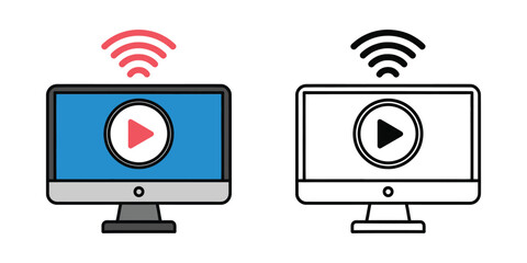Color and Black White Computer Monitors with Play Button and Wi- Fi Signal desktop computer