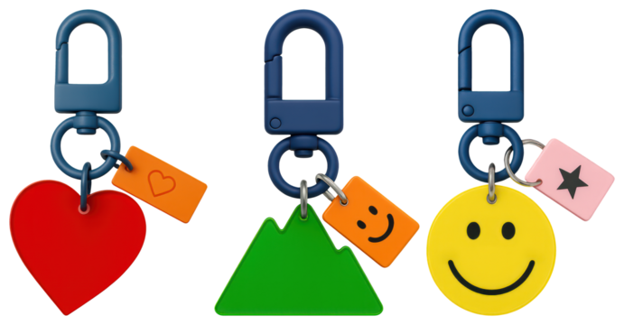 PNG Colorful keychains with playful designs, element set on transparent background