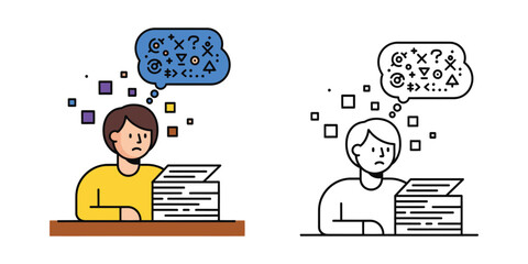 Person with confused thought bubble over stack of papers at desk confusion thinking