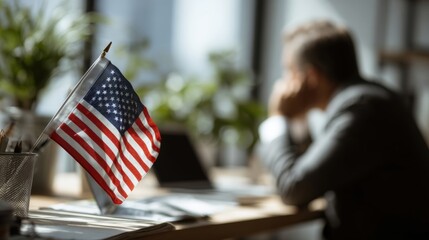 Immigration Lawyer at Desk with American Flag in Professional Office Setting