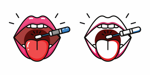 Open pink lips with tongue out and toothbrush cleaning teeth illustration mouth