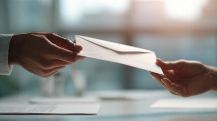 Professional Hands Passing Envelope in Office Setting with Soft Natural Light