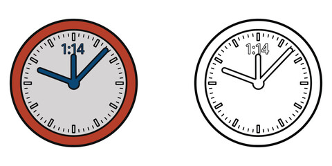 Two cartoon clocks one colored one black and white showing 114 time digital time