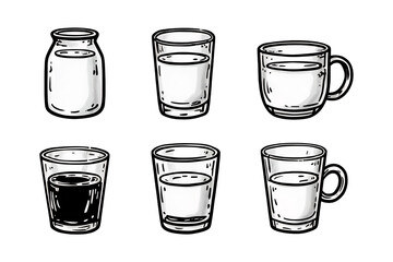 Six assorted transparent glass containers filled with clear liquid showing refreshment and pure hydration options. isolated on transparent background