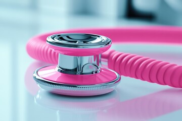 A vibrant pink stethoscope, symbol of medical care and health awareness, shines on a reflective surface, representing modern diagnostics and compassionate support.