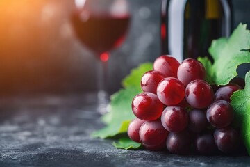 Red grapes and green leaves on dark surface. Blurred red wine glass and bottle complement the elegant winemaking theme.