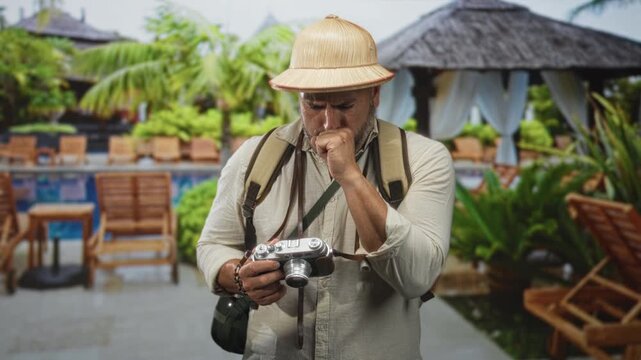 Man wearing pith helmet and backpack holding vintage camera coughs into fist at poolside building with cabana and lounge chairs; illness concern.
