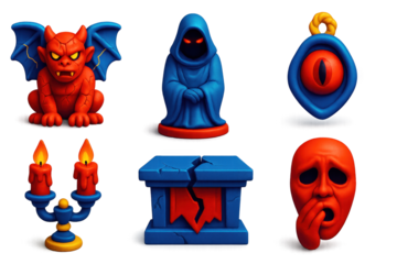3D Haunted Icon Set. 3D icon set of cursed and haunted decor: cracked gargoyle, eerie statue, cursed amulet, haunted candle holder