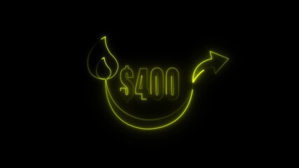 Glowing Yellow Dollar Symbol Animation | Neon $400 Currency Growth Arrow on Black Background. 