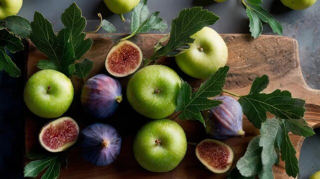 Fresh green apples and ripe figs arranged on a rustic wooden cutting board with fig leaves. Natural light highlights the vibrant colors and textures of the seasonal fruits