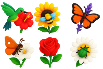 Flower Feeding Icons. 3D icon set of flower feeding scenes: hummingbird at hibiscus, bee in sunflower, butterfly on lavender, moth