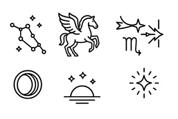 Fototapeta premium Celestial Icon Collection. Line style icons of Constellation: Star Map, Mythical Creature, Navigation Stars, Astrological Symbol,