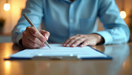 Man signs document with pen on office desk. Focus on hand, paperwork suggests deception falsified information. Image represents job application fraud, dishonest credentials in corporate setting.
