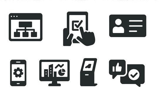 Digital Governance Icons. Solid style icons of Digital Governance: online portal, e-voting, digital ID, open data, service app,