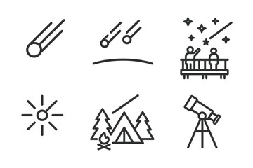 Fototapeta premium Meteor Shower Icons. Line style icons of Meteor Shower: Streaking Meteor, Dark Horizon, Observation Deck, Starry Sky, Radiant