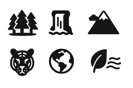 Nature Conservation Icons. Solid style icons of Environmental Conservation: forest, waterfall, mountain, river, endangered animal,