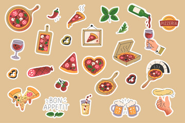 Pizza sticker set with doodle slices, drinks and ingredients on brown background