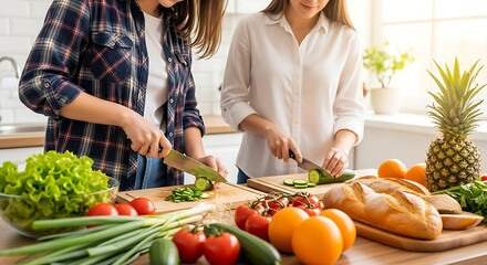 Two people preparing fresh healthy food together in a bright kitchen