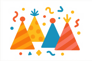 Party hats celebrating birthday with colorful confetti, festive occasion, carnival, fun holiday event